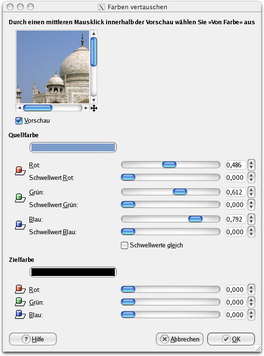 Eigenschaften für das Filter Farben vertauschen